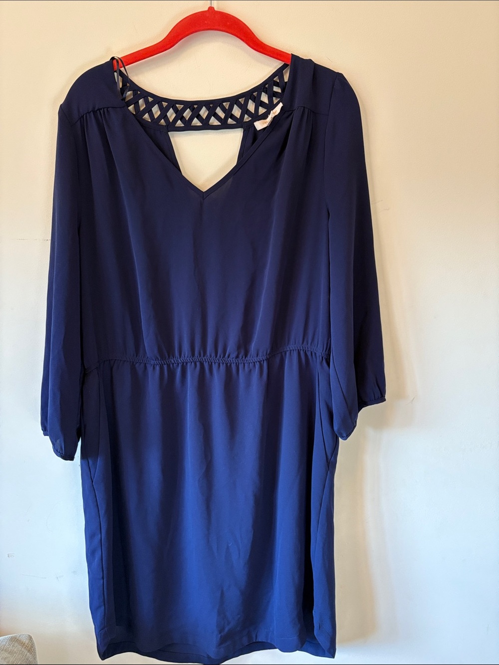 Skies Are Blue Navy Long Sleeve V-Neck Dress with Lattice Back